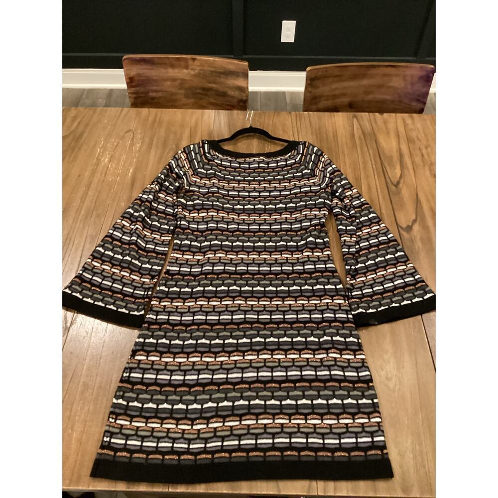 Laundry Shelli Segal Wool Metallic Neutral Knit Stripe Long Sleeve Sweater Dress - Picture 3 of 13